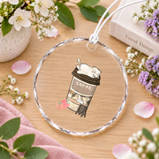 Cute Cat Cafe Coffee Kawaii Neko Glass Ornament - Material: Circle Glass Ornament