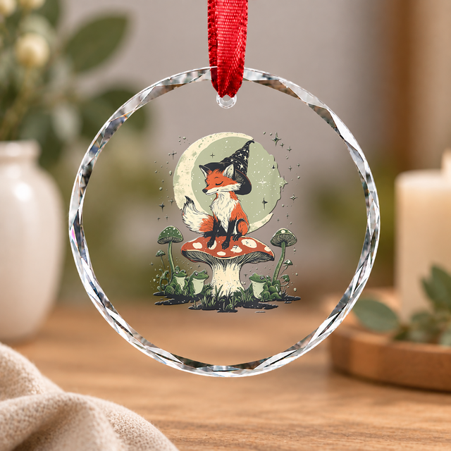 Cute Cat Frog Mushroom Cottagecore Glass Ornament - Material: Circle Glass Ornament
