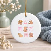 Cute Coquette Bow Capybara Pajama Lover Gift For Girls Glass Ornament - Material: Circle Ceramic Ornament