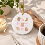 Cute Coquette Bow Capybara Pajama Lover Gift For Girls Glass Ornament - Material: Circle Ceramic Ornament