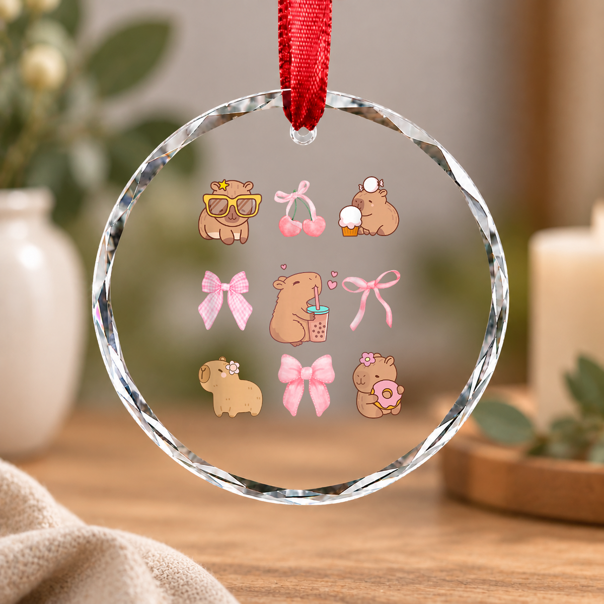 Cute Coquette Bow Capybara Pajama Lover Gift For Girls Glass Ornament - Material: Circle Glass Ornament