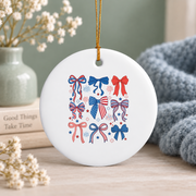 Cute Coquette Bow Red White Blue Holiday Gift Decoration Glass Ornament - Material: Circle Ceramic Ornament