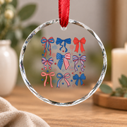 Cute Coquette Bow Red White Blue Holiday Gift Decoration Glass Ornament - Material: Circle Glass Ornament