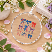 Cute Coquette Bow Red White Blue Holiday Gift Decoration Glass Ornament - Material: Circle Glass Ornament