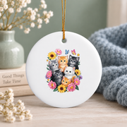 Cute Floral Cat Kitten Flower Lover Glass Ornament - Material: Circle Ceramic Ornament