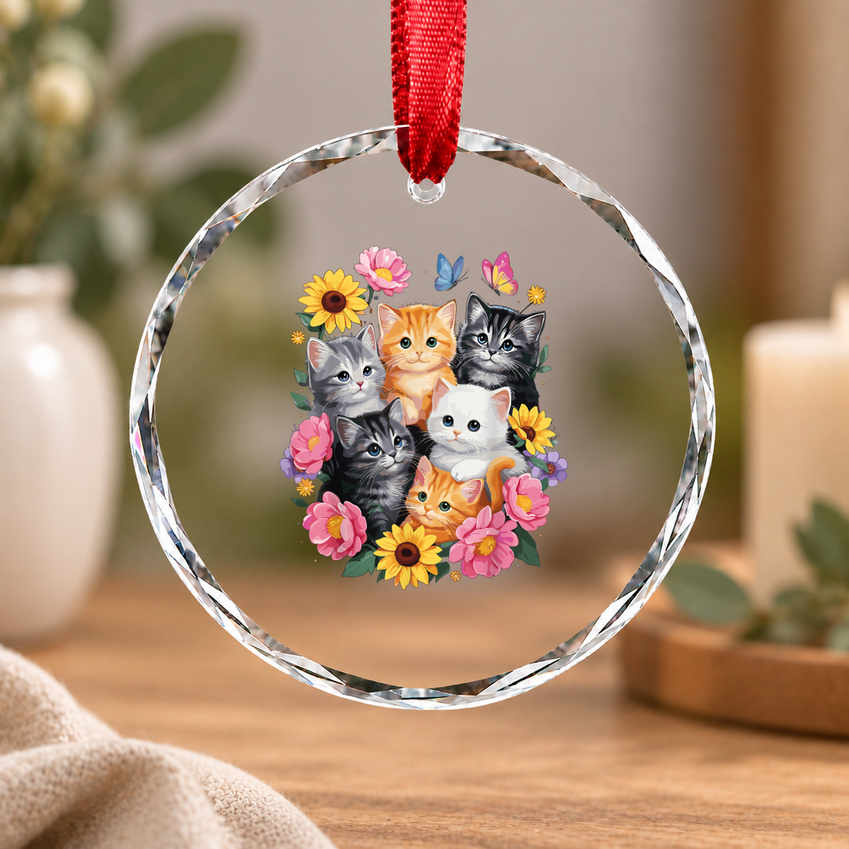 Cute Floral Cat Kitten Flower Lover Glass Ornament - Material: Circle Glass Ornament