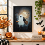 Cute Flying Ghost Halloween Print Rustic Farmhouse Nursery Wall Art Broomstick Decor - Format: Black Framed Poster