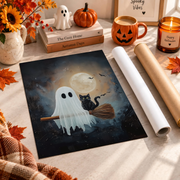 Cute Flying Ghost Halloween Print Rustic Farmhouse Nursery Wall Art Broomstick Decor - Format: Rolled Canvas