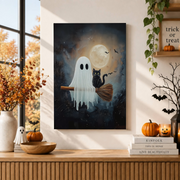 Cute Flying Ghost Halloween Print Rustic Farmhouse Nursery Wall Art Broomstick Decor - Format: Stretched Canvas
