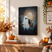 Cute Flying Ghost Halloween Print Rustic Farmhouse Nursery Wall Art Broomstick Decor - Format: Stretched Canvas
