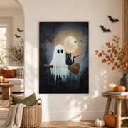Cute Flying Ghost Halloween Print Rustic Farmhouse Nursery Wall Art Broomstick Decor - Format: Unframed Paper Poster