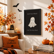 Cute Ghost Christian Halloween Wall Art Faith Based Fall Poster Minimal Religious Decor - Format: Black Framed Poster