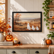 Cute Ghost Family Halloween TV Art Spooky Autumn Farmhouse Classic Wall Poster - Format: Black Framed Poster
