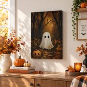 Cute Ghost Forest Print Halloween Wall Art Spooky Dark Academia Fall Decor Artwork - Format: Stretched Canvas