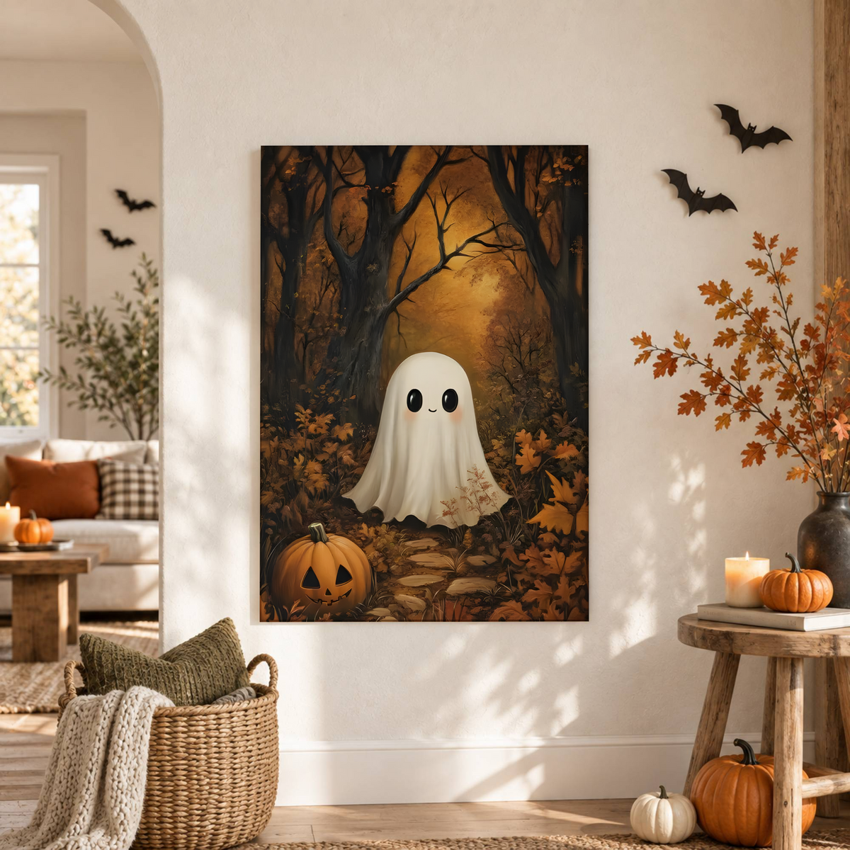 Cute Ghost Forest Print Halloween Wall Art Spooky Dark Academia Fall Decor Artwork - Format: Unframed Paper Poster