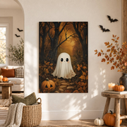 Cute Ghost Forest Print Halloween Wall Art Spooky Dark Academia Fall Decor Artwork - Format: Unframed Paper Poster