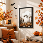 Cute Ghost Halloween Wall Art Pumpkin Print Trendy Spooky Seasonal Home Decor Poster - Format: Black Framed Poster