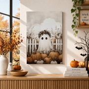 Cute Ghost Halloween Wall Art Pumpkin Print Trendy Spooky Seasonal Home Decor Poster - Format: Stretched Canvas