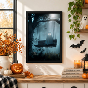 Cute Ghost Painting Halloween Wall Art Whimsigoth Spooky Interior Decor Rustic Farmhouse Print - Format: Black Framed Poster
