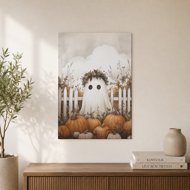Cute Ghost Wall Art Halloween Poster Pumpkin Ghost Print Trendy Halloween Unframed - Format: Unframed Paper Poster