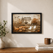 Cute Ghosts Haunted Winter Holiday Wall Art Spooky Pumpkin Patch Vintage Farmhouse Poster - Format: Black Framed Poster