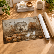 Cute Ghosts Haunted Winter Holiday Wall Art Spooky Pumpkin Patch Vintage Farmhouse Poster - Format: Rolled Canvas