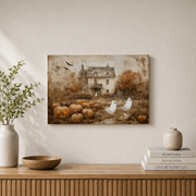 Cute Ghosts Haunted Winter Holiday Wall Art Spooky Pumpkin Patch Vintage Farmhouse Poster - Format: Stretched Canvas