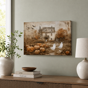 Cute Ghosts Haunted Winter Holiday Wall Art Spooky Pumpkin Patch Vintage Farmhouse Poster - Format: Stretched Canvas