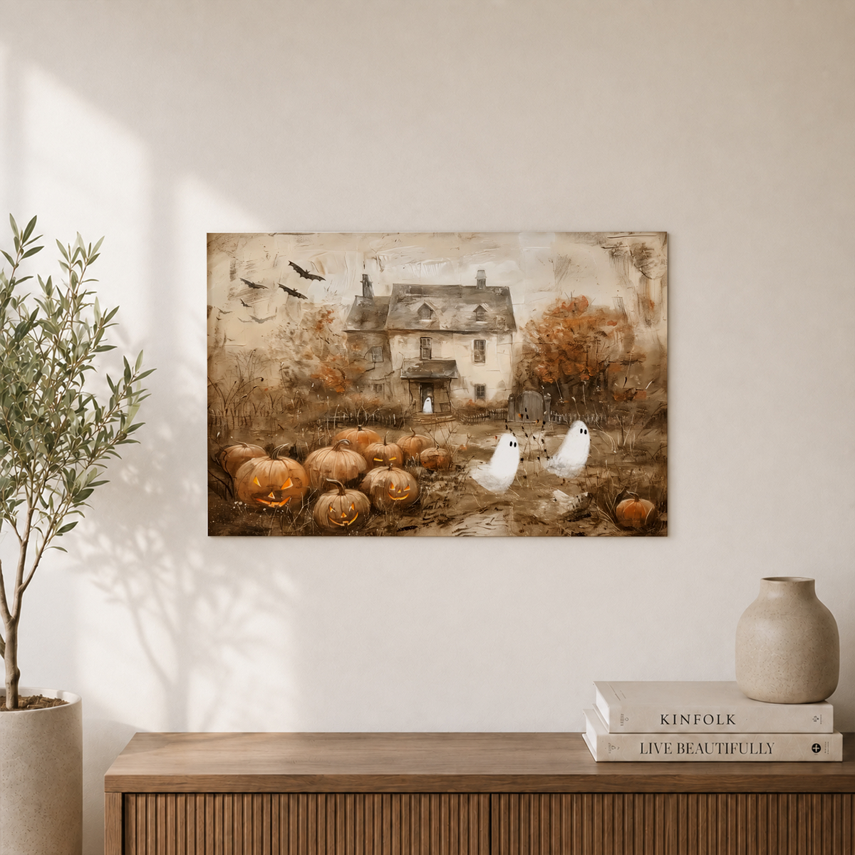 Cute Ghosts Haunted Winter Holiday Wall Art Spooky Pumpkin Patch Vintage Farmhouse Poster - Format: Unframed Paper Poster