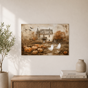 Cute Ghosts Haunted Winter Holiday Wall Art Spooky Pumpkin Patch Vintage Farmhouse Poster - Format: Unframed Paper Poster