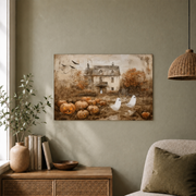 Cute Ghosts Haunted Winter Holiday Wall Art Spooky Pumpkin Patch Vintage Farmhouse Poster - Format: Unframed Paper Poster