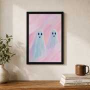 Cute Ghosts Pastel Background Wall Art Halloween Pink Halloween Poster Dorm Room Decor - Format: Black Framed Poster