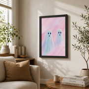 Cute Ghosts Pastel Background Wall Art Halloween Pink Halloween Poster Dorm Room Decor - Format: Black Framed Poster