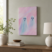 Cute Ghosts Pastel Background Wall Art Halloween Pink Halloween Poster Dorm Room Decor - Format: Stretched Canvas