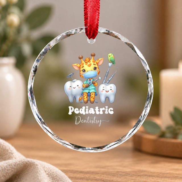 Cute Giraffe Pediatric Dentist Hygienist Gift Glass Ornament - Material: Circle Glass Ornament