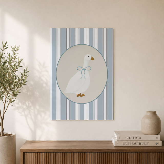 Cute Goose Wall Art Light Blue Stripe Nursery Poster Vintage Farm Decor Blue Bow Coquette Room Decor Poster UNFRAMED - Format: Unframed Paper Poster