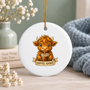Cute Highland Cow Drinking Coffee Funny Gift Glass Ornament - Material: Circle Ceramic Ornament