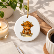 Cute Highland Cow Drinking Coffee Funny Gift Glass Ornament - Material: Circle Ceramic Ornament