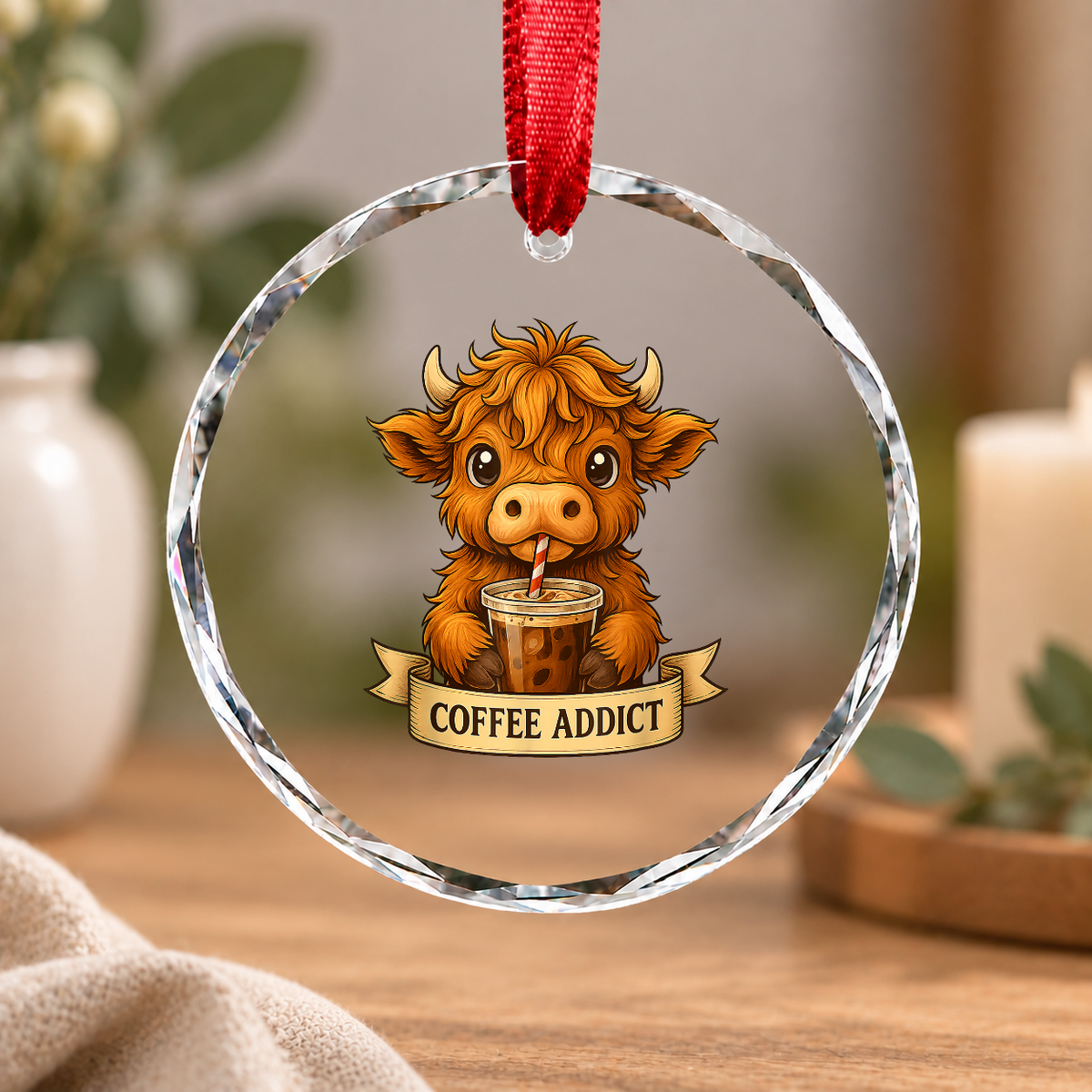 Cute Highland Cow Drinking Coffee Funny Gift Glass Ornament - Material: Circle Glass Ornament