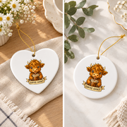 Cute Highland Cow Drinking Coffee Funny Gift Glass Ornament - Material: Heart Ceramic Ornament