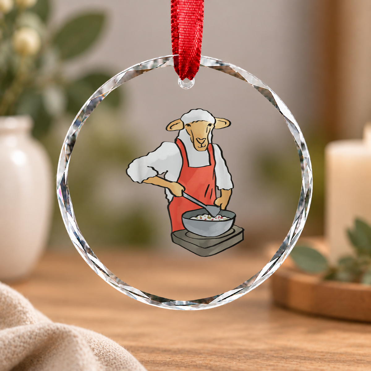 Cute Lamb Cooking Funny Animal Gift Kitchen Decoration Glass Ornament - Material: Circle Glass Ornament