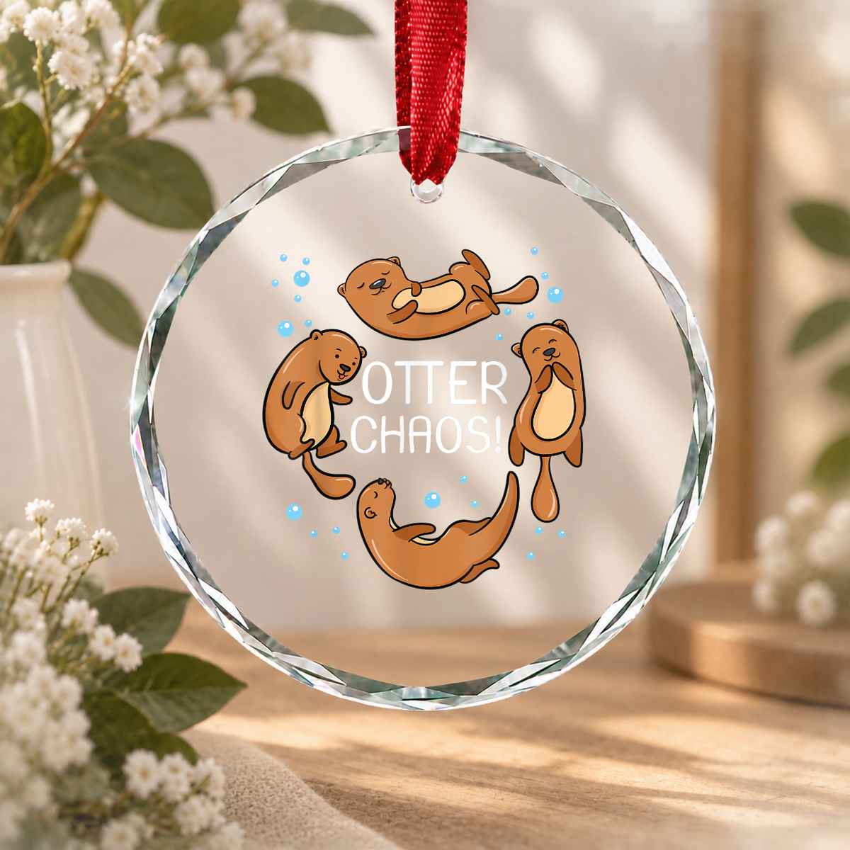 Cute Otter Sleeping Chaos Animal Lover Glass Ornament - Material: Circle Glass Ornament