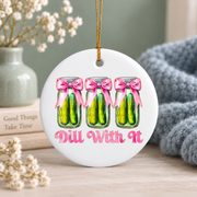 Cute Pickle Coquette Bow Funny Girl Gift Glass Ornament - Material: Circle Ceramic Ornament