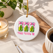 Cute Pickle Coquette Bow Funny Girl Gift Glass Ornament - Material: Circle Ceramic Ornament