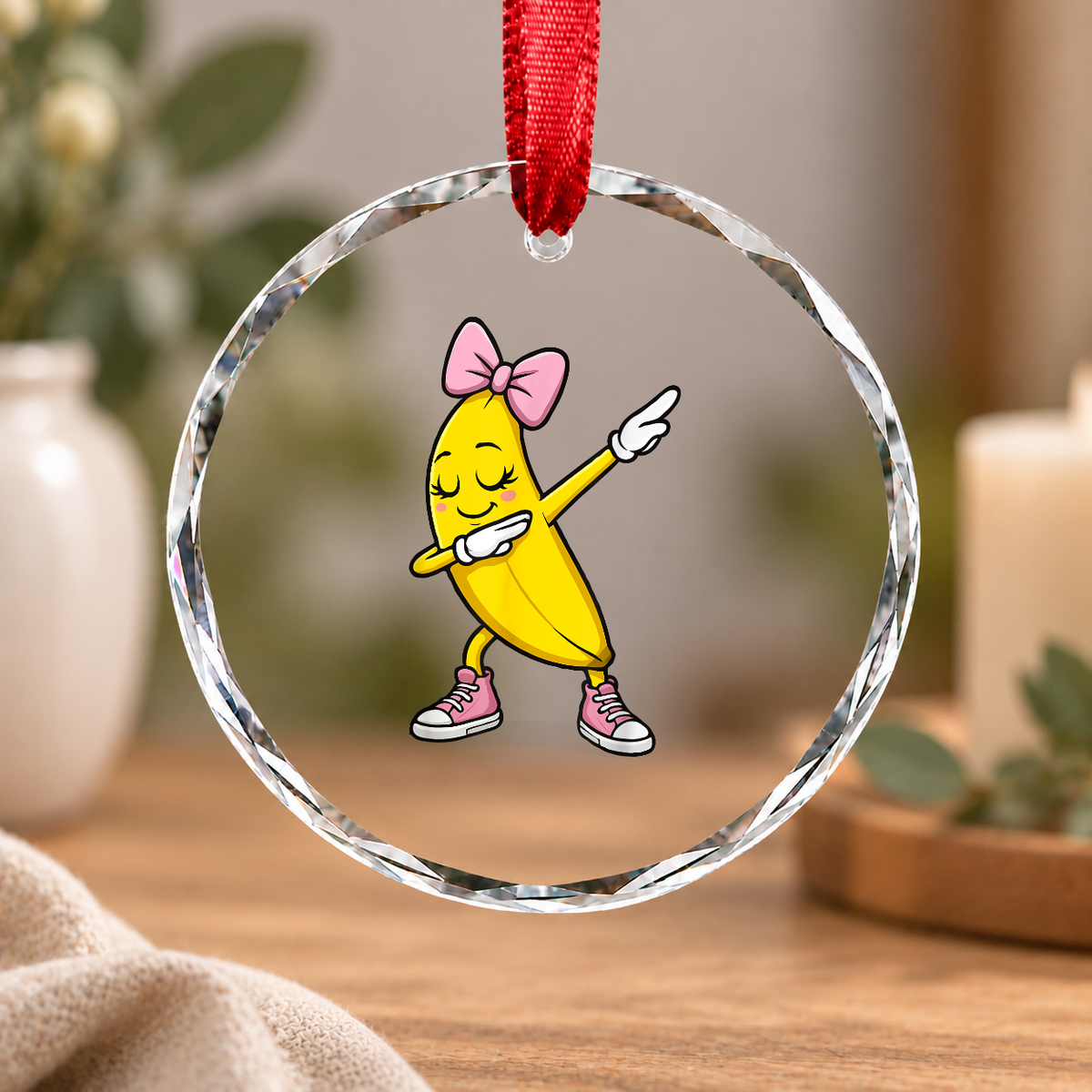 Dabbing Banana Coquette Bow Funny Gift Decoration Glass Ornament - Material: Circle Glass Ornament