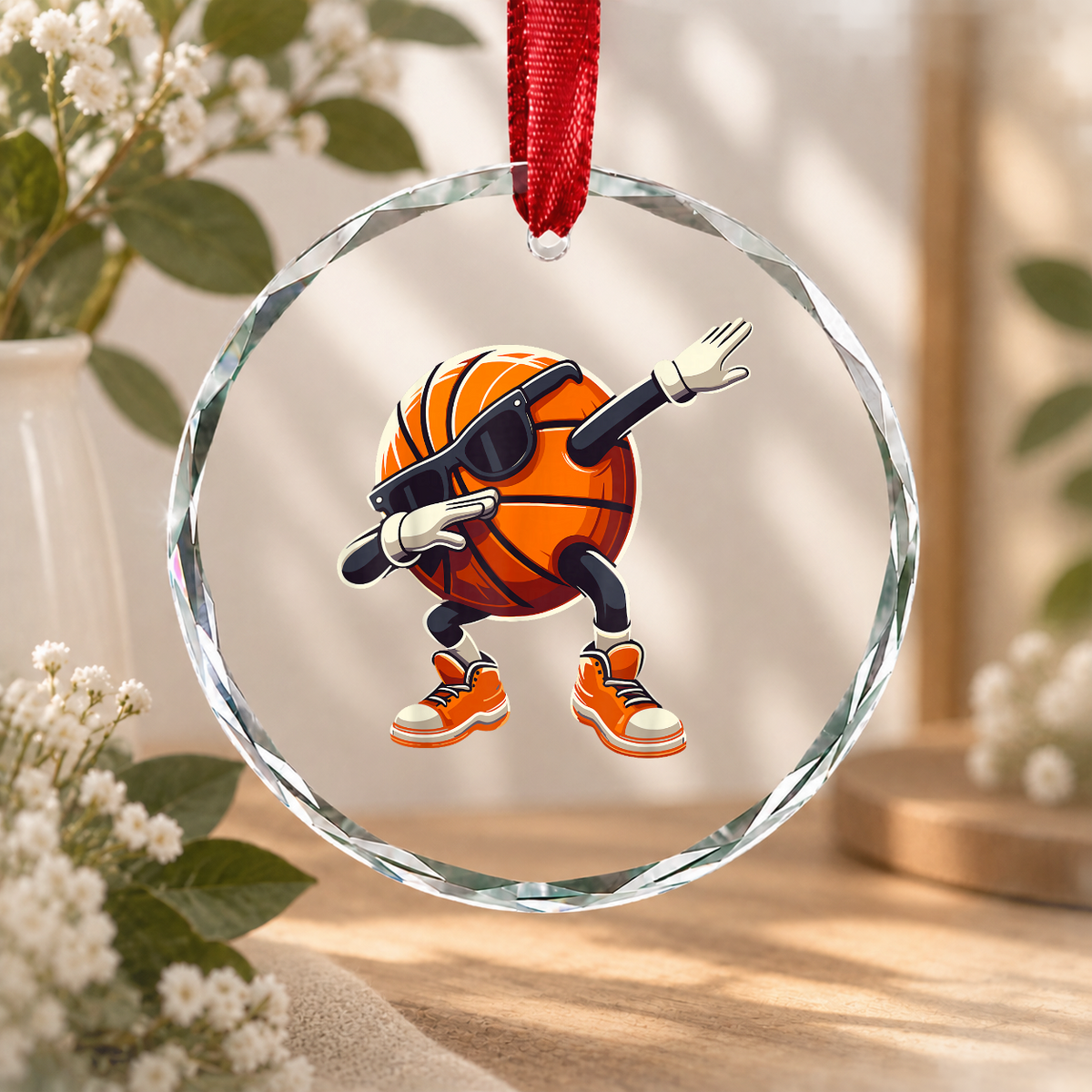Dabbing Basketball Sunglasses Sports Glass Ornament - Material: Circle Glass Ornament