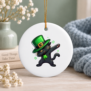 Dabbing Black Cat Leprechaun St Patrick's Glass Ornament - Material: Circle Ceramic Ornament