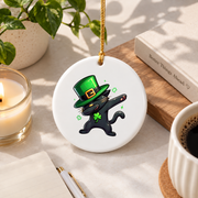 Dabbing Black Cat Leprechaun St Patrick's Glass Ornament - Material: Circle Ceramic Ornament