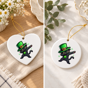 Dabbing Black Cat Leprechaun St Patrick's Glass Ornament - Material: Heart Ceramic Ornament