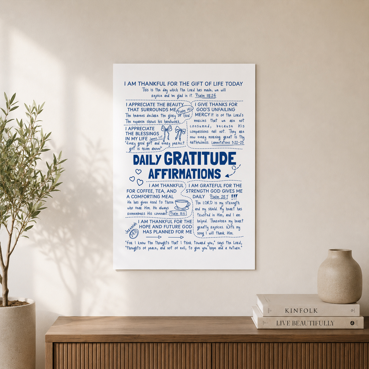 Daily Gratitude Christian Wall Art, Blue Bible Verse Poster for Teens - Format: Unframed Paper Poster
